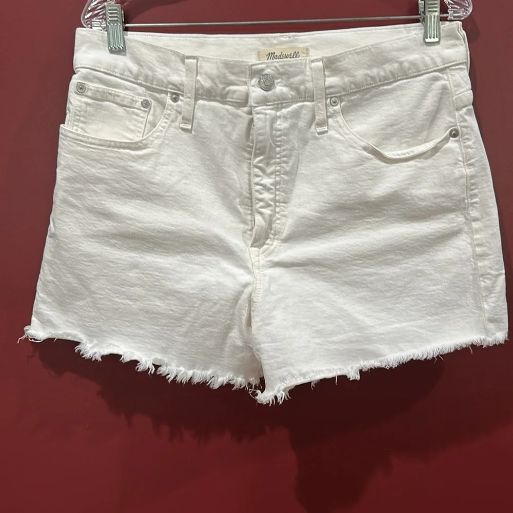 Madewell High-Rise Raw Hem Tile White Denim Shorts Size 32